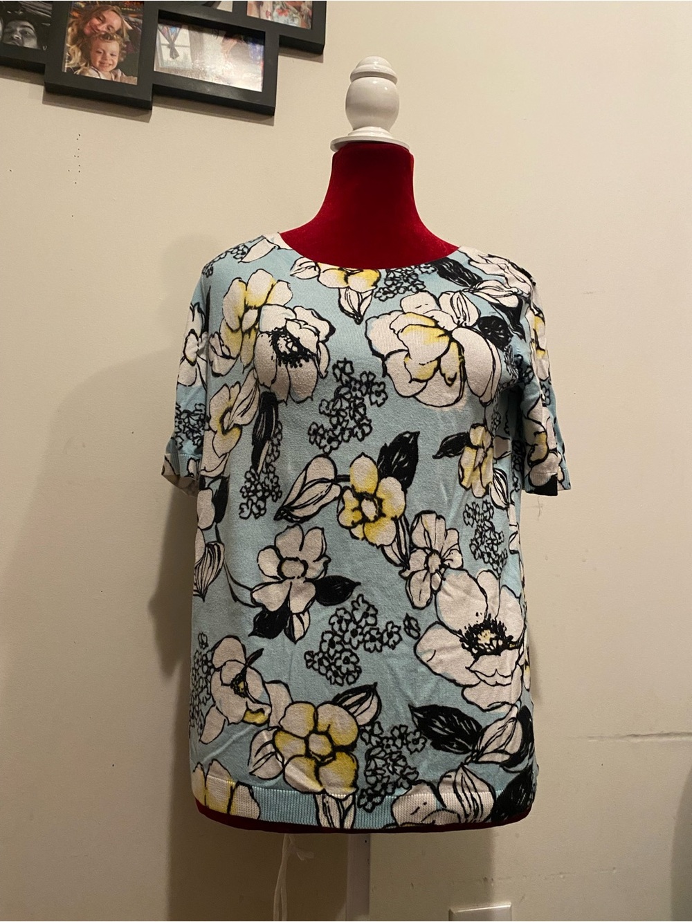 Talbots Light Blue Floral Short Sleeve Top with Black & Yellow Accents